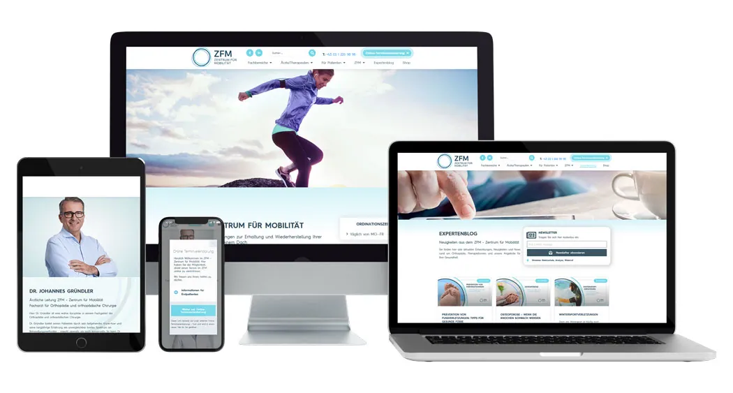 Mockup Screenshots von Tablett, Handy, Monitor und Laptop der ZFM Wien Webseite