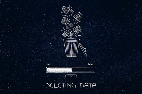 Digitale Daten fallen in einen Mülleimer